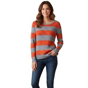 Talbots Gray Orange Autumnal CableKnit Lambswool Blend Scoop Neck Sweater Size M